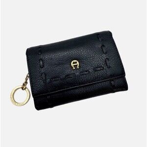 Etienne Aigner Black Small Foldover Card  ID Wallet With Key Chain Change Purse